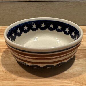 Vintage Boleslawiec Polish Pottery Serving Bowl Stars and Stripes Pattern 6"